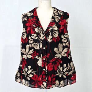 Jones New York 14W Black Red Tan Floral Linen Silk Sleeveless Button Blouse